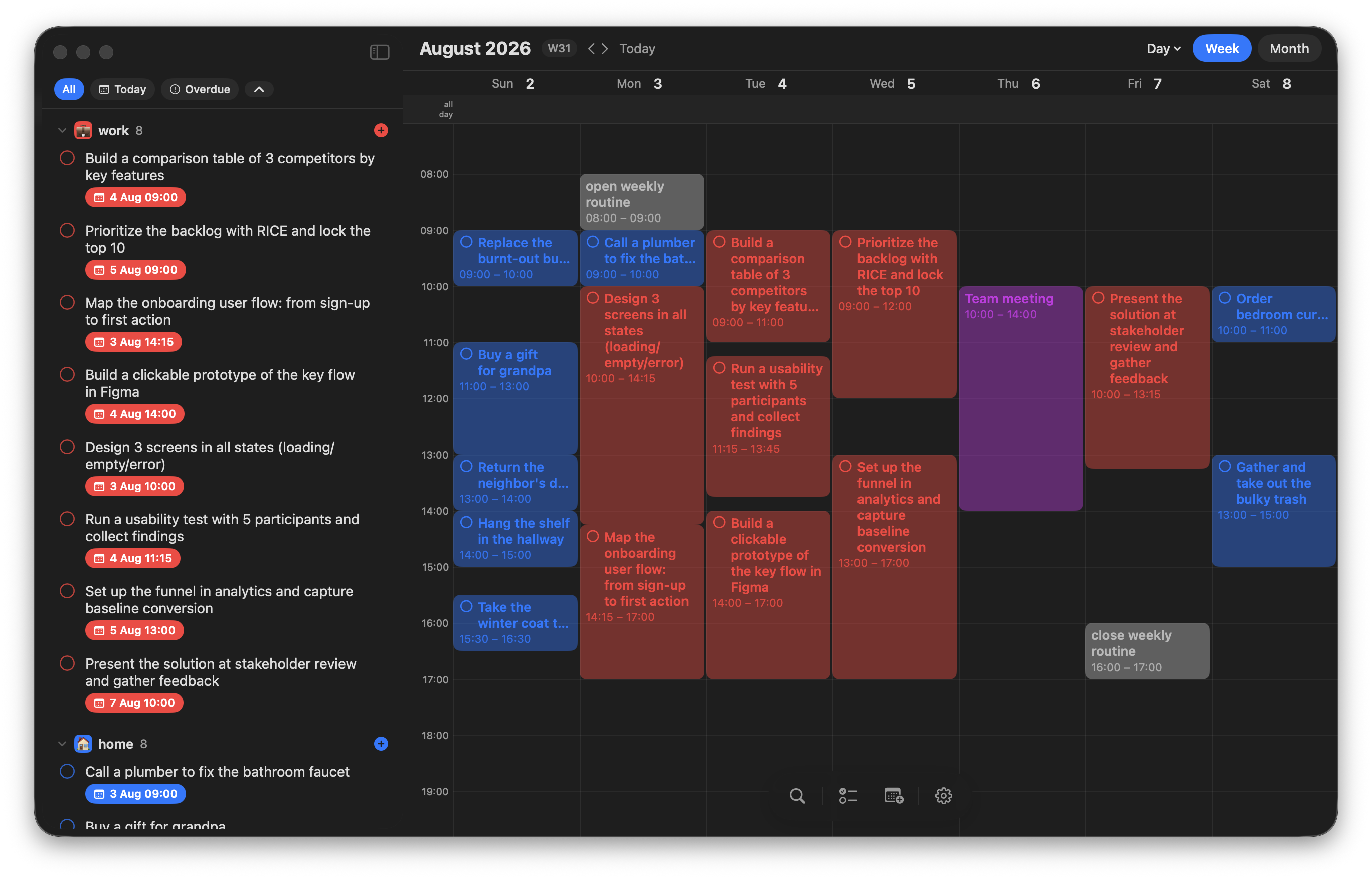 Jikoku week view with reminders and calendar events in one macOS window