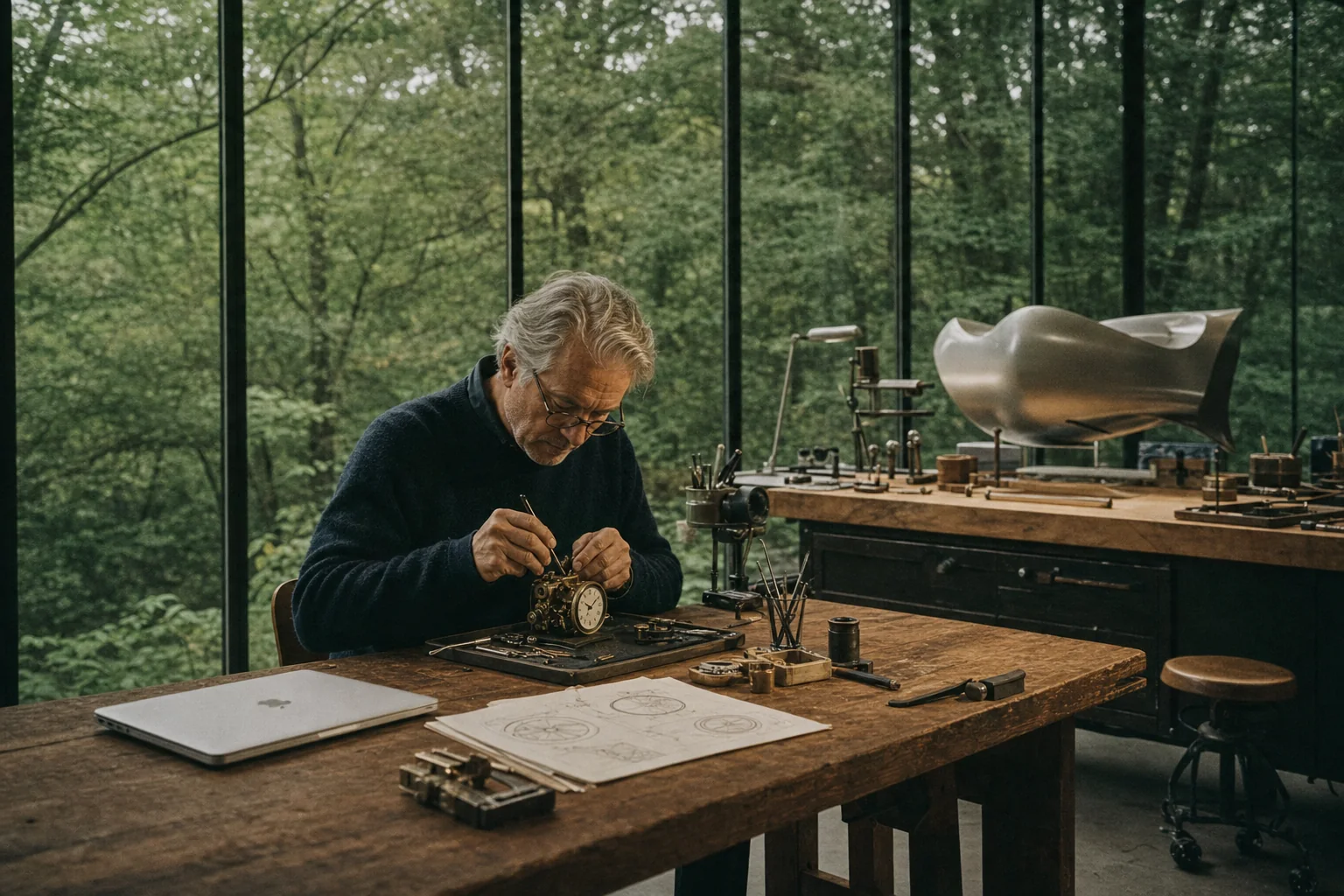 An older designer repairing a clock in a quiet garden studio with a MacBook nearby