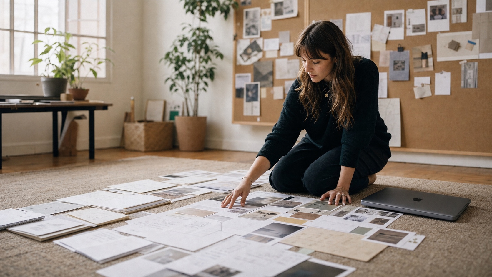 A founder reviews printed plans on the floor beside a closed MacBook
