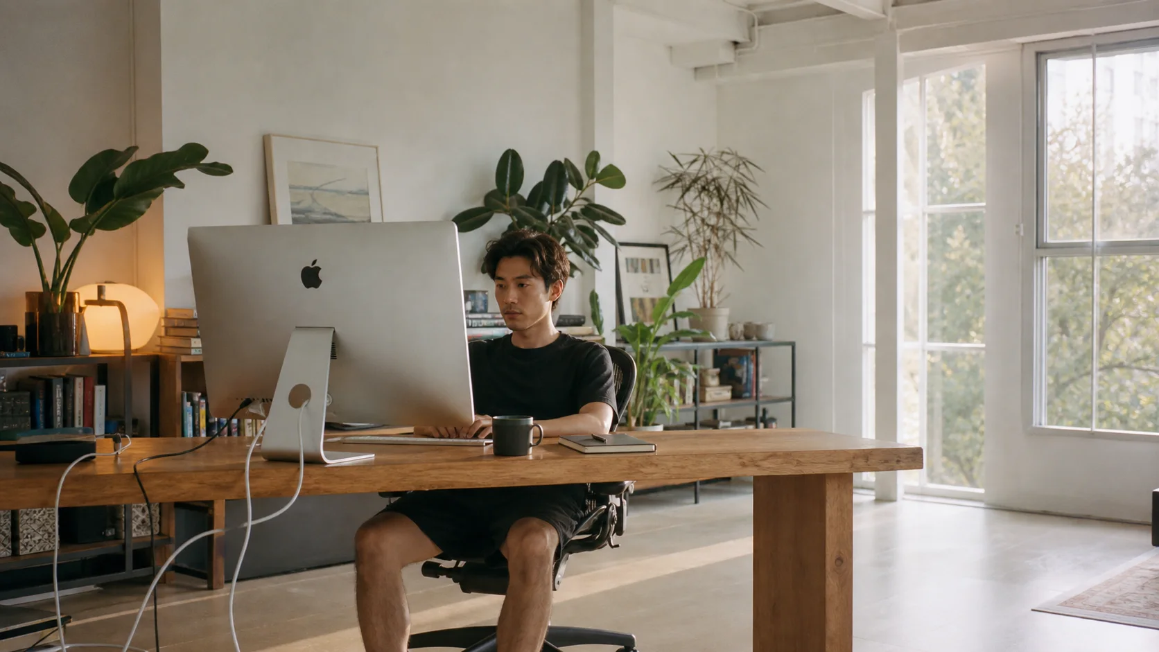 Ein junger Gründer arbeitet in Shorts hinter einem großen iMac zwischen Pflanzen in einem hellen Loft