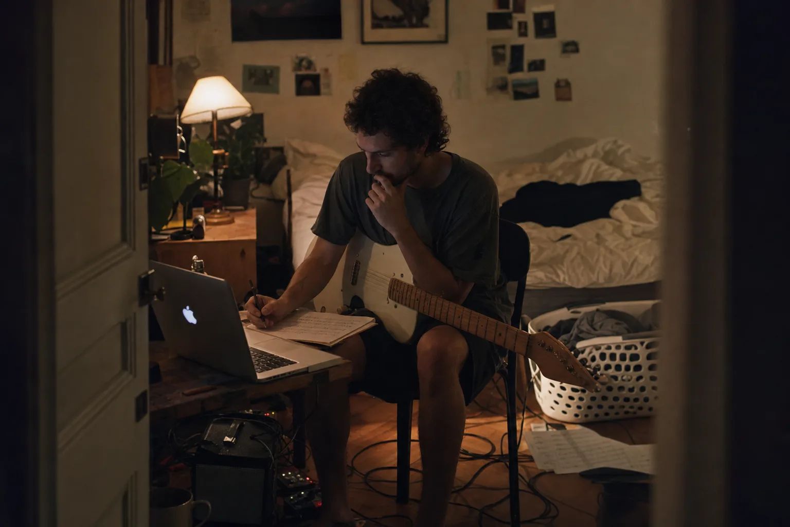 Ein Musiker schreibt nachts neben einer Gitarre und einem geöffneten MacBook