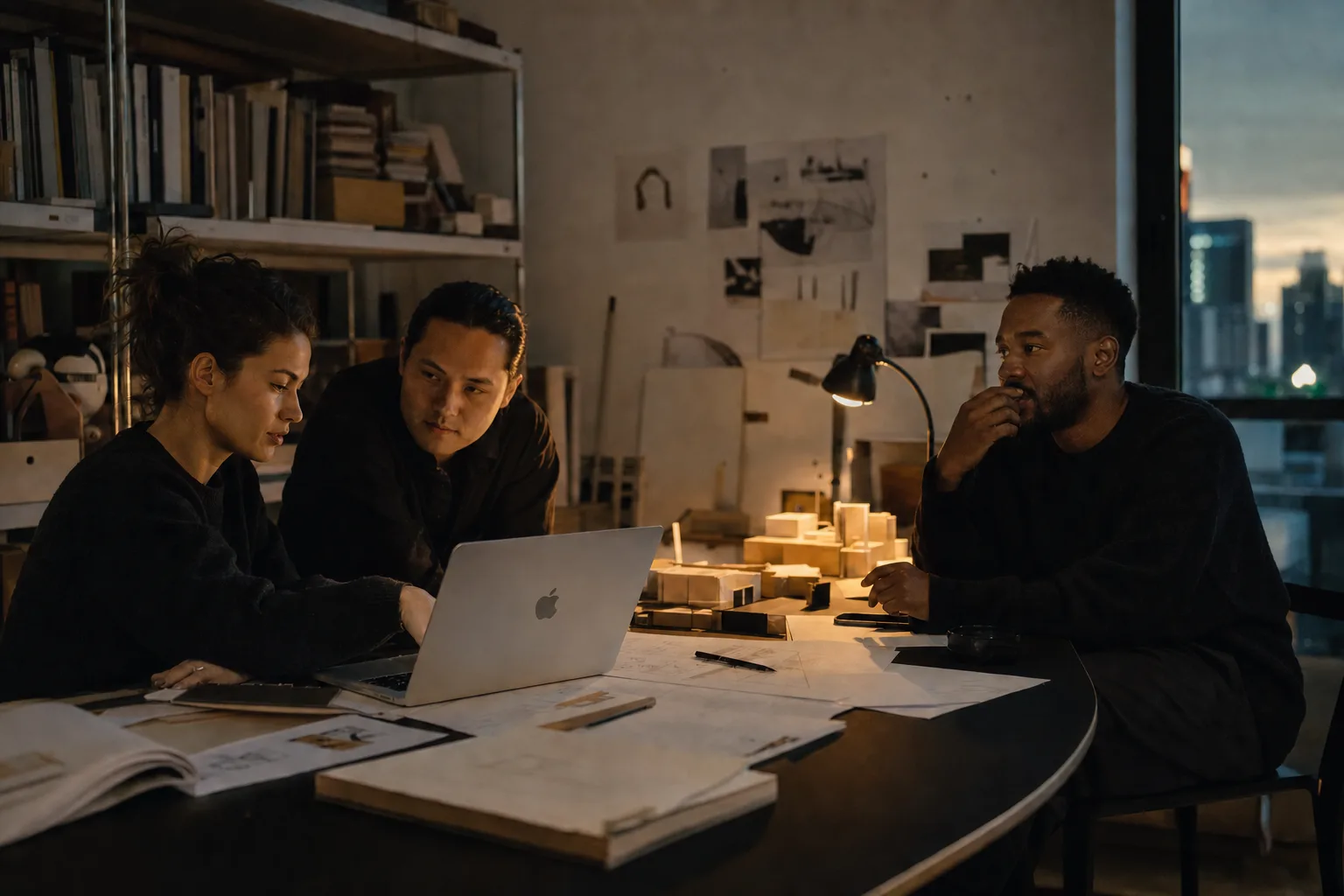 Three adults reviewing work together around a MacBook in a small design studio at dusk
